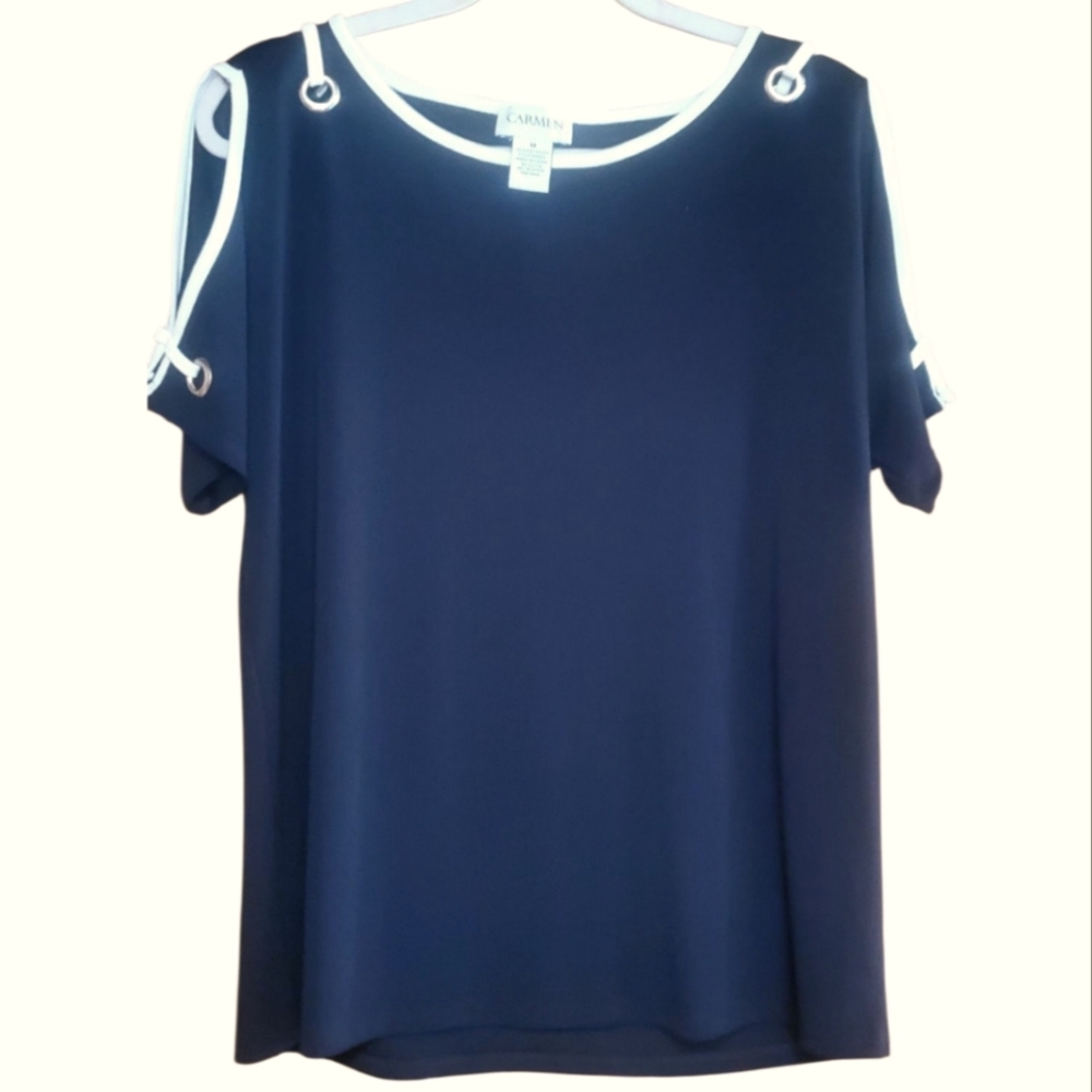 Carmen Marc Valvo Cold Shoulder Navy White Short Sleeve Top Size Med